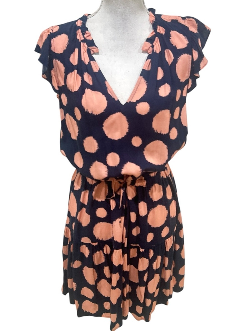 Velvet by Graham & Spencer Navy Dress Peach polka dot V-Neck tie waist medium